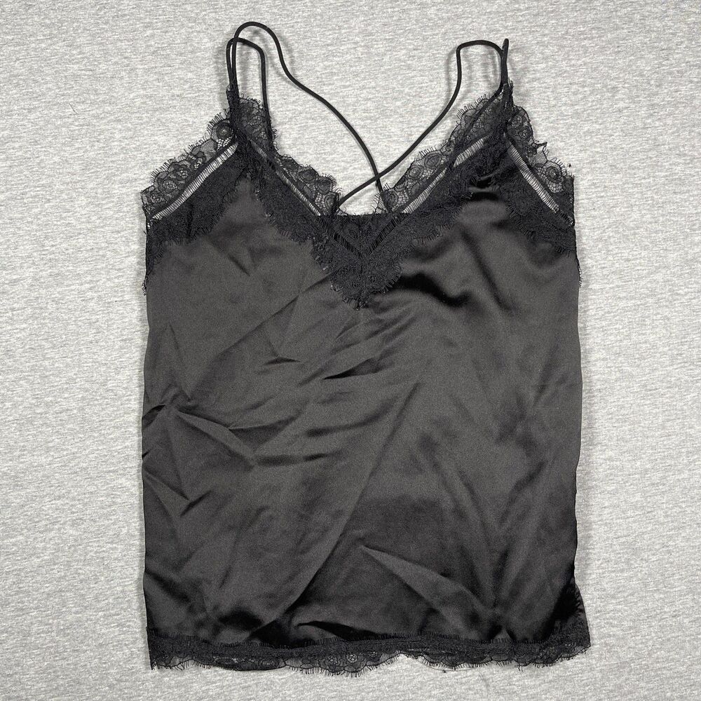 Black Lace Camisole Sz S Satin Unlined Fringe V-Neck Strappy Tank Whimsygoth